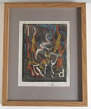 Vintage linocut print, D is for Dragon, c1955, indistinctly signed, framed