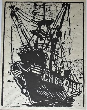 Stan Dobbin (1932-2021) , Fishing Boat, Falmouth, woodcut print c1990, framed