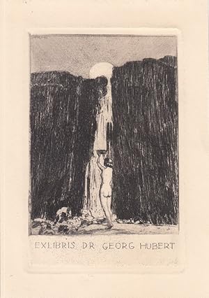 Bild des Verkufers fr Exlibris Dr. Georg Hubert. Vor dunkler Felswand stehender Frauenakt, mit Schale Wasser und Sonnenlicht auffangend. zum Verkauf von Antiquariat  Braun