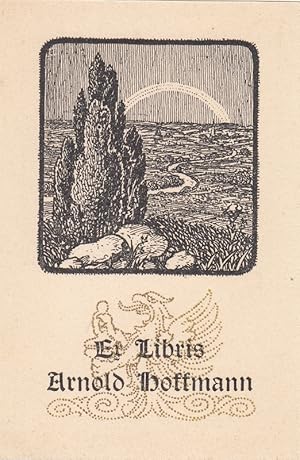Bild des Verkufers fr Ex Libris Arnold Hoffmann. Landschaft mit Bach und Regenbogen, darunter Greif mit Druckerballen. zum Verkauf von Antiquariat  Braun