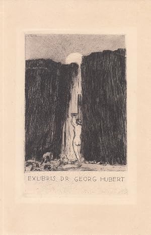 Bild des Verkufers fr Exlibris Dr. Georg Hubert. Vor dunkler Felswand stehender Frauenakt, mit Schale Wasser und Sonnenlicht auffangend. zum Verkauf von Antiquariat  Braun