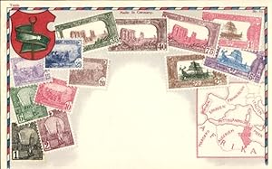 Briefmarken Wappen Litho Tunesien, Landkarte