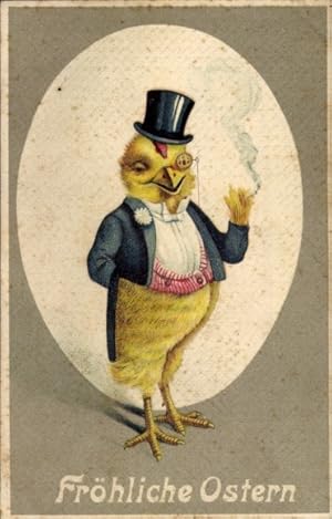 Ansichtskarte / Postkarte Glückwunsch Ostern, Vermenschlichtes Küken mit Zigarette und Monokel