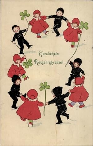 Ansichtskarte / Postkarte Glückwunsch Neujahr, Mädchen und Schornsteinfeger tanzen im Kreis, Klee...
