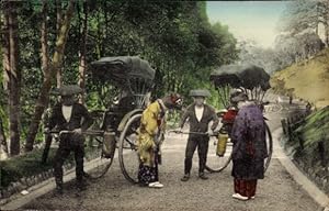 Ansichtskarte / Postkarte Japan, Mädchen in japanischer Tracht, Sonnenschirn, Rikscha-Fahrer