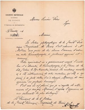 Letter signed to « Messieurs Lumière Frères, Lyon », in French, St. Petersbourg, 6/18 December 1896