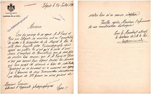 Manuscript letter to « Monsieur Lumière, fabricant d'appareils photographiques, Lyon », in French...
