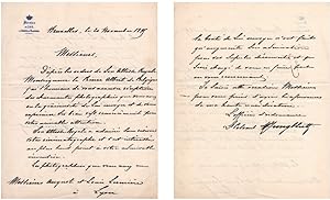 Autograph letter signed to "Messieurs Auguste et Louis Lumière, à Lyon", in French ; Brussels, 20...