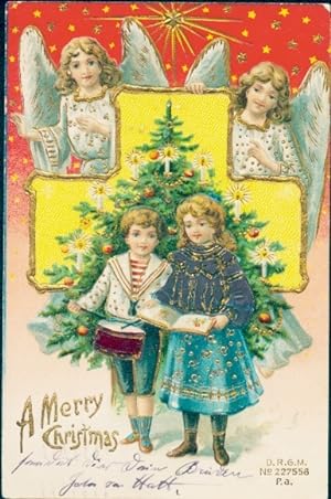Präge Litho Glückwunsch Weihnachten, Kinder, Engel, Tannenbaum