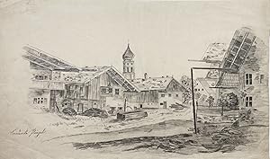 (Dorfszene mit Bauernhäusern - Village scene with farmhouses) - Zeichnung dessin drawing