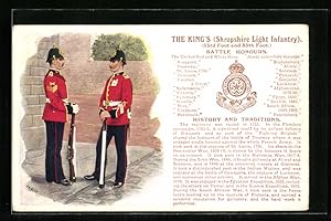 Künstler-Ansichtskarte The King`s Shropshire Light Infantry, 53rd Foot and 85th Foot., Battle Hon...
