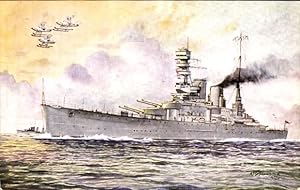 Künstler Ansichtskarte / Postkarte Britisches Kriegsschiff, HMS Renown, Wasserflugzeuge in der Luft