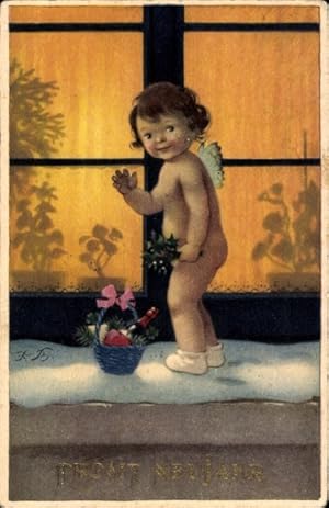 Künstler Ansichtskarte / Postkarte Baumgarten, Glückwunsch Neujahr, Engel vor einem Fenster - Mei...