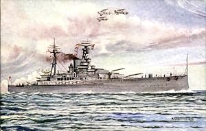 Künstler Ansichtskarte / Postkarte Britisches Kriegsschiff H.M.S. Royal Oak, Flugzeuge