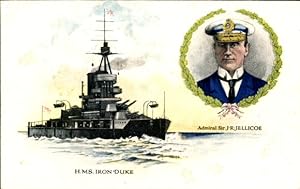 Ansichtskarte / Postkarte Britisches Kriegsschiff H.M.S. Iron Duke, Admiral J.R. Jellicoe