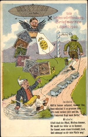 Briefmarken Ansichtskarte / Postkarte Letzte württembergische Briefmarken 1902, Zeppelin, Humor