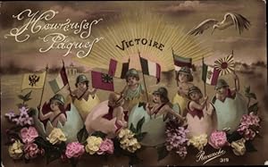 Ansichtskarte / Postkarte Glückwunsch Ostern, Kinder in Ostereiern, Fahnen, Italien, Belgien, Storch
