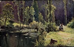Künstler Ansichtskarte / Postkarte Zwei Männer im Wald, Teich, Bäume