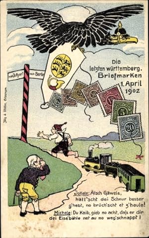 Briefmarken Ansichtskarte / Postkarte Die letzten württembergischen Briefmarken, 1 April 1902, De...