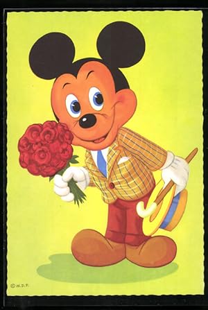 Ansichtskarte Walt Disney, Micky Maus mit Blumenstrauss
