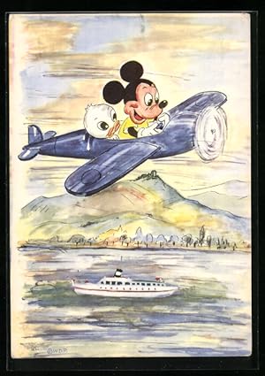 Ansichtskarte Mickey Mouse mit Entchen im Flugzeug über einem Dampfschiff auf dem Wasser