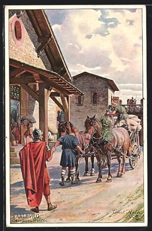 Bild des Verkufers fr Knstler-Ansichtskarte Saalburg, Rmer berwacht die Getreidelieferung der Germanen zum Verkauf von Bartko-Reher