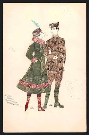 Künstler-Ansichtskarte Junges Paar mit aufgeklebten Kleidern aus Briefmarken, Briefmarkencollage