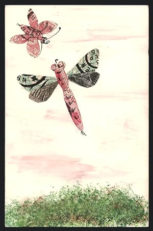 Künstler-Ansichtskarte Schmetterlinge und Libelle aus Briefmarken aufgeklebt, Briefmarkencollage