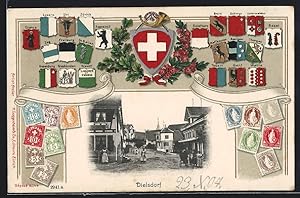 Ansichtskarte Dielsdorf, Strassenpartie, Briefmarken, Wappen
