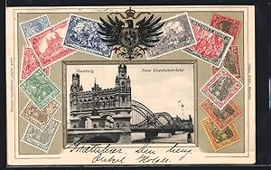Ansichtskarte Hamburg, Neue Eisenbahnbrücke, Briefmarken