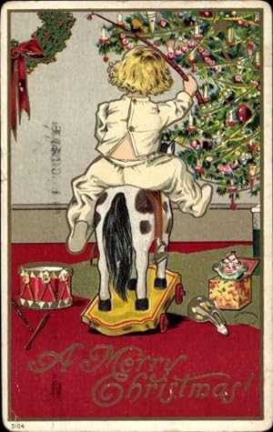 Präge Litho Glückwunsch Weihnachten, Junge auf einem Schaukelpferd vor dem Tannenbaum