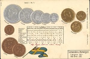 Präge Ansichtskarte / Postkarte Norwegen, Währung, Münzen, Krone, Öre