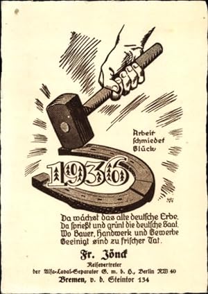 Ansichtskarte / Postkarte Arbeit schmiedet Glück, Hammer, Hufeisen, Jahr 1936, Werbung, Alfa-Laba...