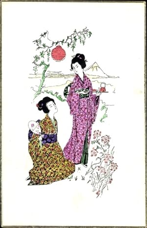 Ansichtskarte / Postkarte Japan, Frauen in japanischer Tracht, Garten, Teekanne, Lampion