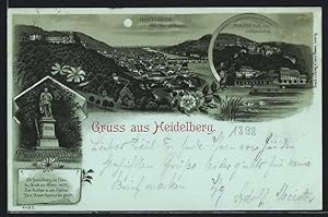 Mondschein-Lithographie Heidelberg, Scheffel-Denkmal, Schloss von der Hirschgasse