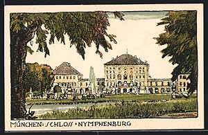 Steindruck-Ansichtskarte München, Grünanlagen vor dem Schloss Nymphenburg