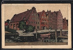 Steindruck-Ansichtskarte Lübeck, Alte Speicherhäuser an der Trave