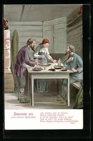 Ansichtskarte Fabel von Krylow, Männer mit Frau am Tisch, Sage