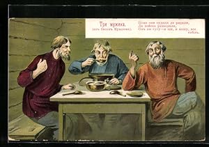 Ansichtskarte Die Fabel von Krylow, drei Männer essen an einem Tisch