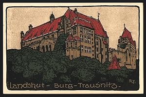 Steindruck-Ansichtskarte Landshut, Die Burg Trausnitz