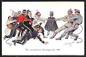 Künstler-Ansichtskarte Th.Zasche: Das europäische Gleichgewicht 1914, Deutschland-Österreich gewi...