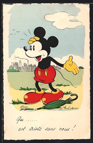 Ansichtskarte Micky Mouse mit Regenschirm ist ganz verzweifelt, Comic