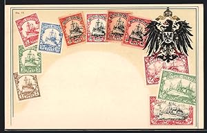 Ansichtskarte Deutsche-Ostafrika, Briefmarken verschiedener Werte, Adler mit Wappen