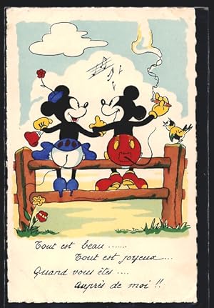 Ansichtskarte Disney`s Micky und Minnie Maus auf Zaun