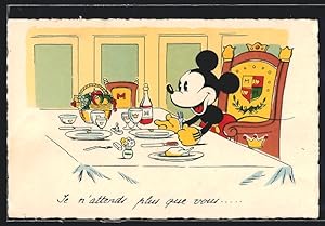 Ansichtskarte Micky Mouse erwartet sein Essen am Tisch, Comic