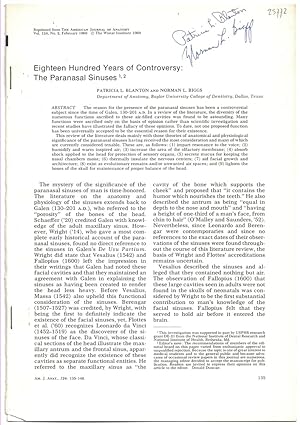 Image du vendeur pour Eighteen Hundred Years of Controversy: the Paranasal Sinuses. Reprinted from the American Journal of Anatomy. Volume 124. No. 2 February 1969 (Signed Copy) mis en vente par Literary Cat Books