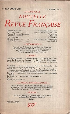 Imagen del vendedor de La Nouvelle Revue Franaise Septembre 1953 N 9 a la venta por PRISCA