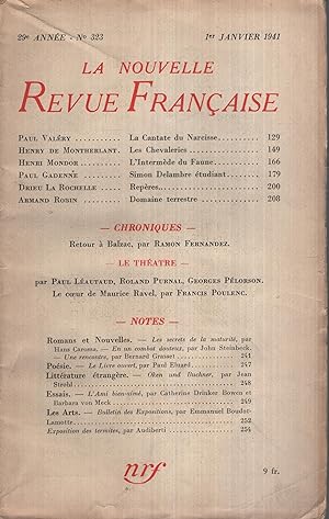 Imagen del vendedor de La Nouvelle Revue Franaise Janvier 1941 N 323 a la venta por PRISCA