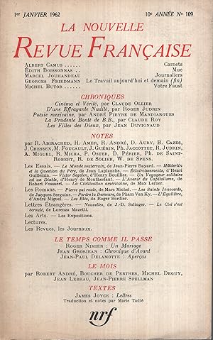 Seller image for La Nouvelle Revue Franaise Janvier 1962 N 109 for sale by PRISCA