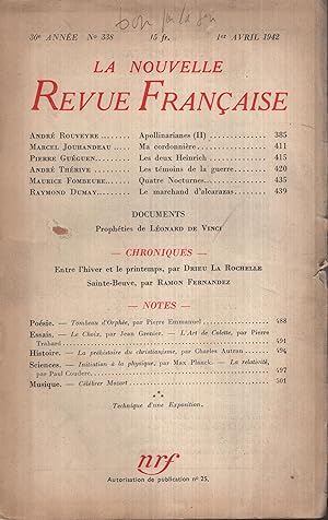 Imagen del vendedor de La Nouvelle Revue Franaise Avril 1942 N 338 a la venta por PRISCA